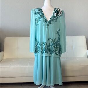 Vintage 80s Alyce Designs Light Blue Beaded Embellished Dress